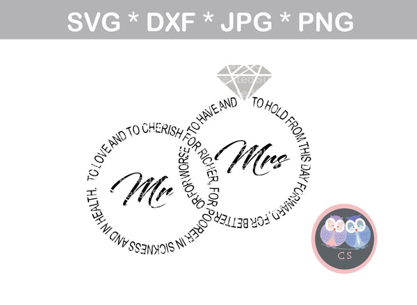 Mr, Mrs, Vows, wedding ring, diamond, wedding, marriage, digital download, SVG, DXF, cut file, personal, commercial, use with Silhouette Cameo, Cricut and Die Cutting Machines