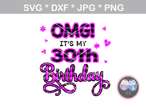 OMG Its My 30th Birthday (All Months/day Included), digital download, SVG, DXF, cut file, personal, commercial, use with Silhouette Cameo, Cricut and Die Cutting Machines