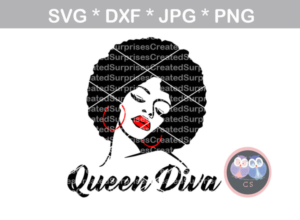 Queen Diva, Afro woman, digital download, SVG, DXF, cut file, personal, commercial, use with Silhouette Cameo, Cricut and Die Cutting Machines