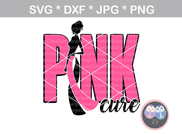 Pink Ribbon Cure, cancer awareness, digital download, SVG, DXF, cut file, personal, commercial, use with Silhouette Cameo, Cricut and Die Cutting Machines