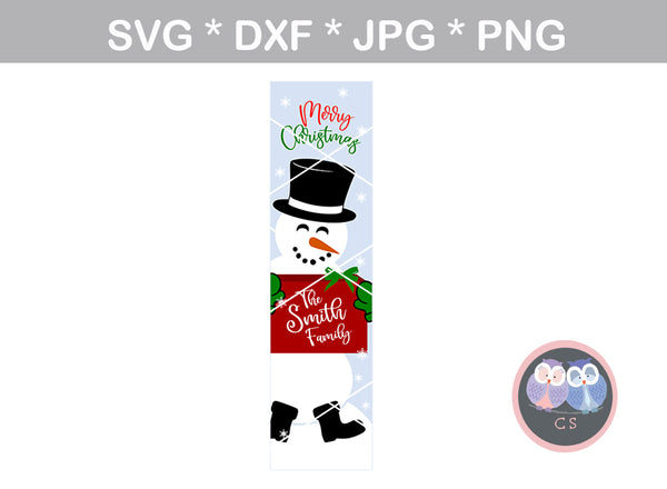 Snowman holding gift, banner, sign, Christmas, digital download, SVG, DXF, cut file, personal, commercial, use with Silhouette, Cricut and Die Cutting Machines