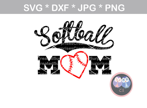 Softball Mom, Heart ball, ball, softball, digital download, SVG, DXF, cut file, personal, commercial, use with Silhouette Cameo, Cricut and Die Cutting Machines