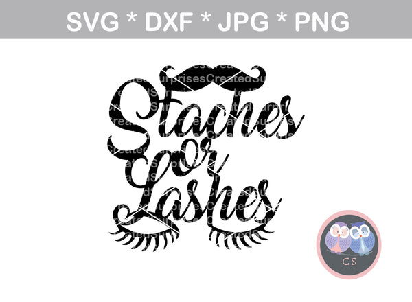 Staches or Lashes, Gender reveal, cake topper, digital download, SVG, DXF, cut file, personal, commercial, use with Silhouette Cameo, Cricut and Die Cutting Machines