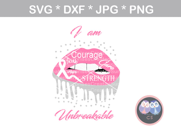 Unbreakable, cancer ribbon, awareness, dripping Lips, digital download, SVG, DXF, cut file, personal, commercial, use with Silhouette Cameo, Cricut and Die Cutting Machines