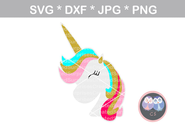 Unicorn head, horn, face, cute, animal, digital download, SVG, DXF, cut file, personal, commercial, use with Silhouette Cameo, Cricut and Die Cutting Machines