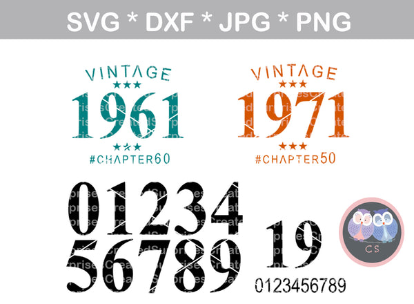 Vintage, Birth Year, Chapter Age, (all numbers included) Birthday, Date, digital download, SVG, DXF, cut file, personal, commercial, use with Silhouette, Cricut and Die Cutting Machines