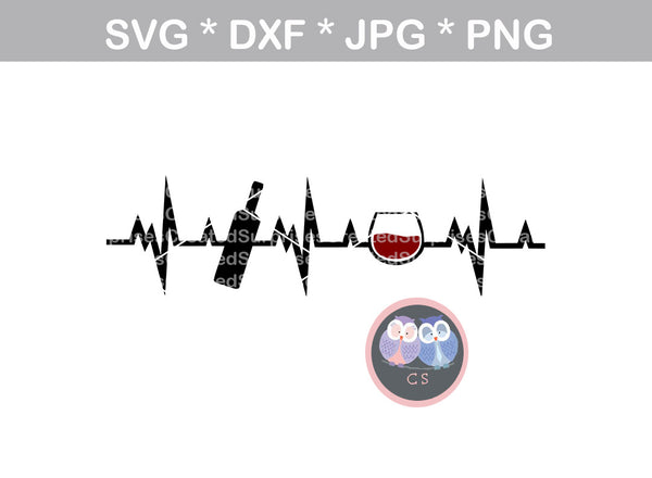 Wine lifeline, heartbeat, bottle, glass, label, digital download, SVG, DXF, cut file, personal, commercial, use with Silhouette Cameo, Cricut and Die Cutting Machines