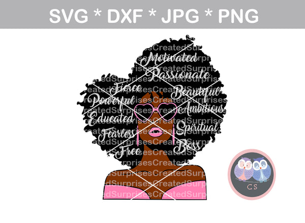 Worded, wild hair, girl, Diva woman, glasses, digital download, SVG, DXF, cut file, personal, commercial, use with Silhouette Cameo, Cricut and Die Cutting Machines