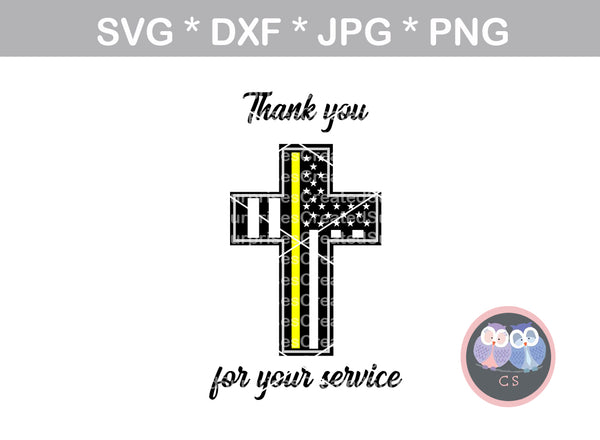 Thin yellow line, cross, Dispatcher, Police, flag, Hero, thank you, service, digital download, SVG, DXF, cut file, personal, commercial, use with Silhouette Cameo, Cricut and Die Cutting Machines